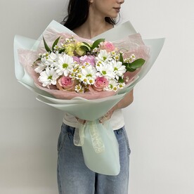 Роза кустовая, Роза, Гортензия, Хризантема кустовая, Танацетум, Рускус, Дизайнерская упаковка, Транспортировочная упаковка