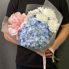 Гортензия, Роза пинк мондиаль, Хризантема кустовая, Дизайнерская упаковка