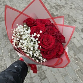 Роза красная, Гипсофила белая, Пленка дизайнерская