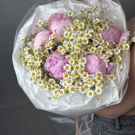 Воздушный букет из кустовых ромашек и розовых пионов