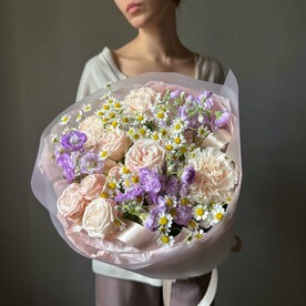 Диантус, Танацетум, Маттиола, Роза кустовая, Дизайнерская упаковка, Аквапак