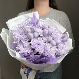 Супер букет кустовая хризантема, хлопок, лагурус. Лавандовый, фиолетовый, сиреневый цвет