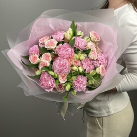 Диантус, Альстромерия, Роза кустовая, Дизайнерская упаковка, Тишью