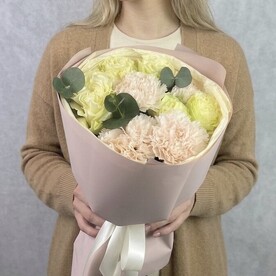 Роза мондиал, Гвоздика, Эвкалипт, Пленка, Тишью, Открытка, Подкормка для цветов