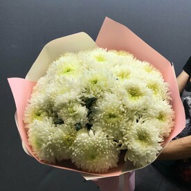 Белоснежный мир - букет из 21 хризантемы одноголовой в упаковке