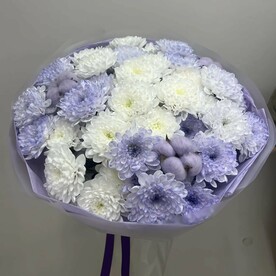 Букет из белых и лавановых кустовых хризантем