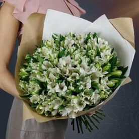 Классический букет из 25 белых альстромерий в крафте с атласной лентой от 2name Flowers