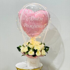 Роза Эквадор, Рускус, Шляпная коробка, Шар сердце, Шар баблс, Светодиод