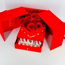 Роза Эквадор, Конфеты Раффаэлло, Коробка ларец, Светодиод