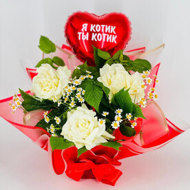 Роза французская шт, Малина веточка шт, Танацетум шт, Дизайнерская упаковка шт, шар сердце с надписью шт