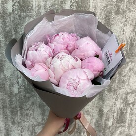 Букет из 7 пионов Сара Бернар в серой упаковке