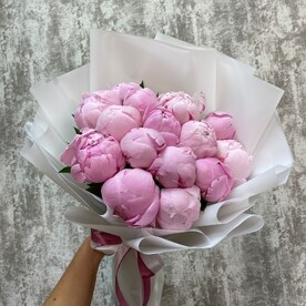 Букет из 15 пионов Сара Бернар в белой пленке