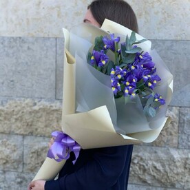 Mono bouquet 20 с яркими ирисами и эвкалиптом
