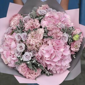 Роза кустовая, Лизиантус Эустома, Сенеция, Гортензия Гидрангия, Пленка матовая, Аквабокс