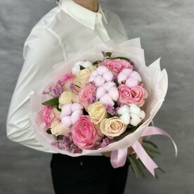 Роза, Роза, Хлопок, Рускус, Хлопок белый, Лимониум розовый, Фисташка, Тишью, Пленка