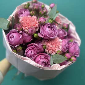 Роза мисти бабблс, Диантус, Эвкалипт, Тишью, Пленка корейская
