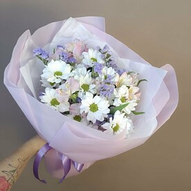 Хризантема кустовая, Альстромерия, Статица сиреневая, Пленка дизайнерская