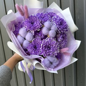Хризантема кустовая, Лагурус, Хлопок, Стильная упаковка