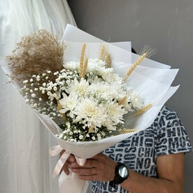 Хризантема кустовая, Гипсофила, Пшеница, Сухоцветы, Стильная упаковка