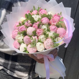 Пион микс, Эвкалипт, Упаковка, Открытка