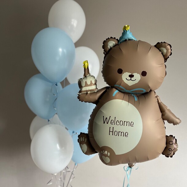 Милый мишка 🐻 шары на выписку 👶 подарок на выписку из роддома + ваша надпись ✨ голубые и белые шарики 🎈 за 4801₽ с доставкой в Москве от HappyBalloons на Flawery