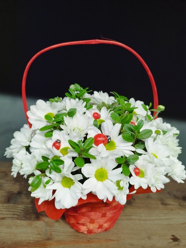 Корзинка с ромашками и божьими коровками, артикул F1510004 - 1650 рублей, доставка по городу. Flawery - доставка цветов