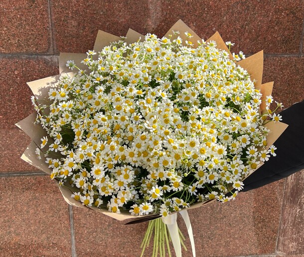 Пышный букет с полевыми ромашками в крафте, артикул F1471097 - 6000 рублей, доставка по городу. Flawery - доставка цветов