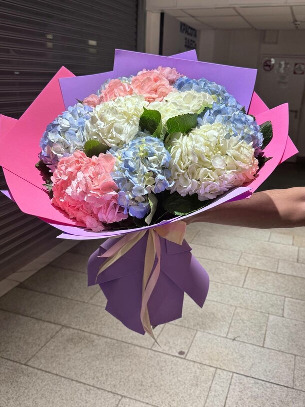 Букет из 13 гортензий микс 💐 большой нежный букет в упаковке из фоамирана за 11590₽ с доставкой в Москве от МосБукет на Flawery