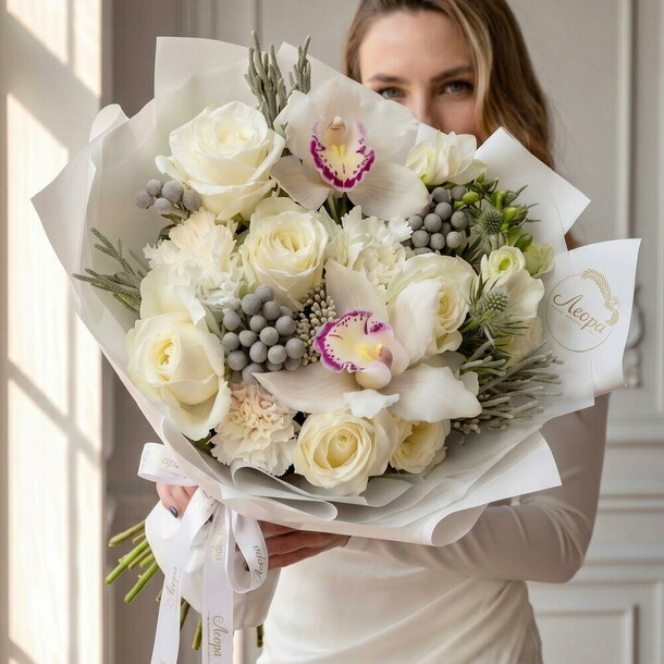 Букет белоснежный с орхидеями и розами. Авторский букет 538. Leoraflowers за 5990₽ с доставкой в Москве от Leora Chocolate на Flawery