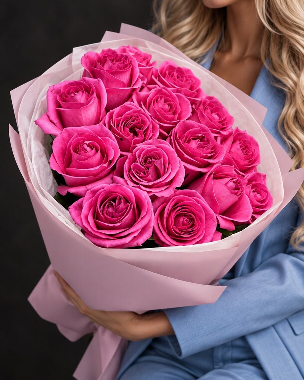 Букет из 15 розовых роз за 9450₽ с доставкой в Москве от F l w r s на Flawery