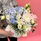Композиция гортензий, эустом и роз в стильной коробке